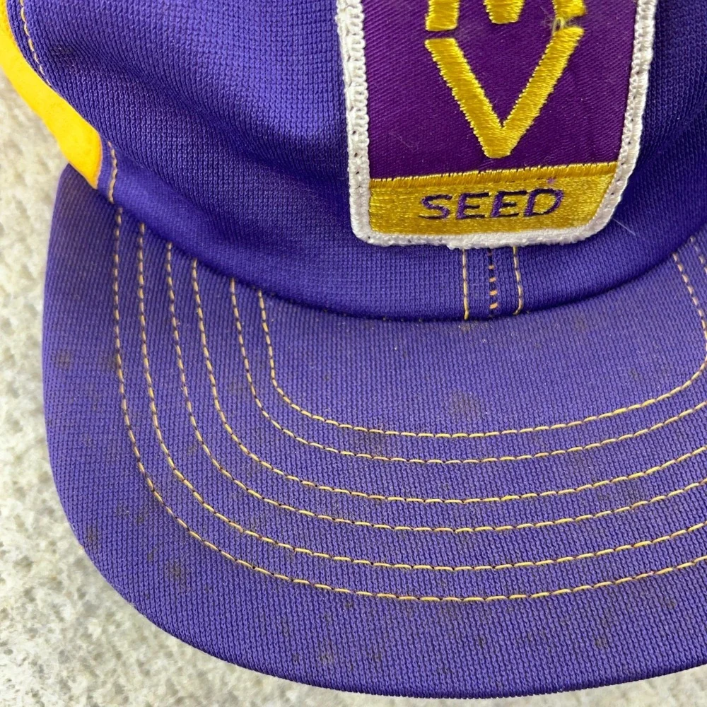 Vintage MV Seeds Trucker Hat Cap Made‎ USA 80s Farm Purple Yellow Patch Snapback